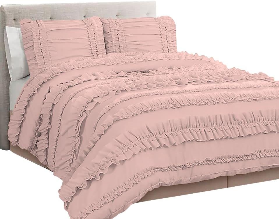 5 Piece Full Ruffles Layers Duvet Cover Set with Zipper Closure, 100% Egyptian Cotton, 1000 Thread Cotton - Full/Queen Size - Blush Solid