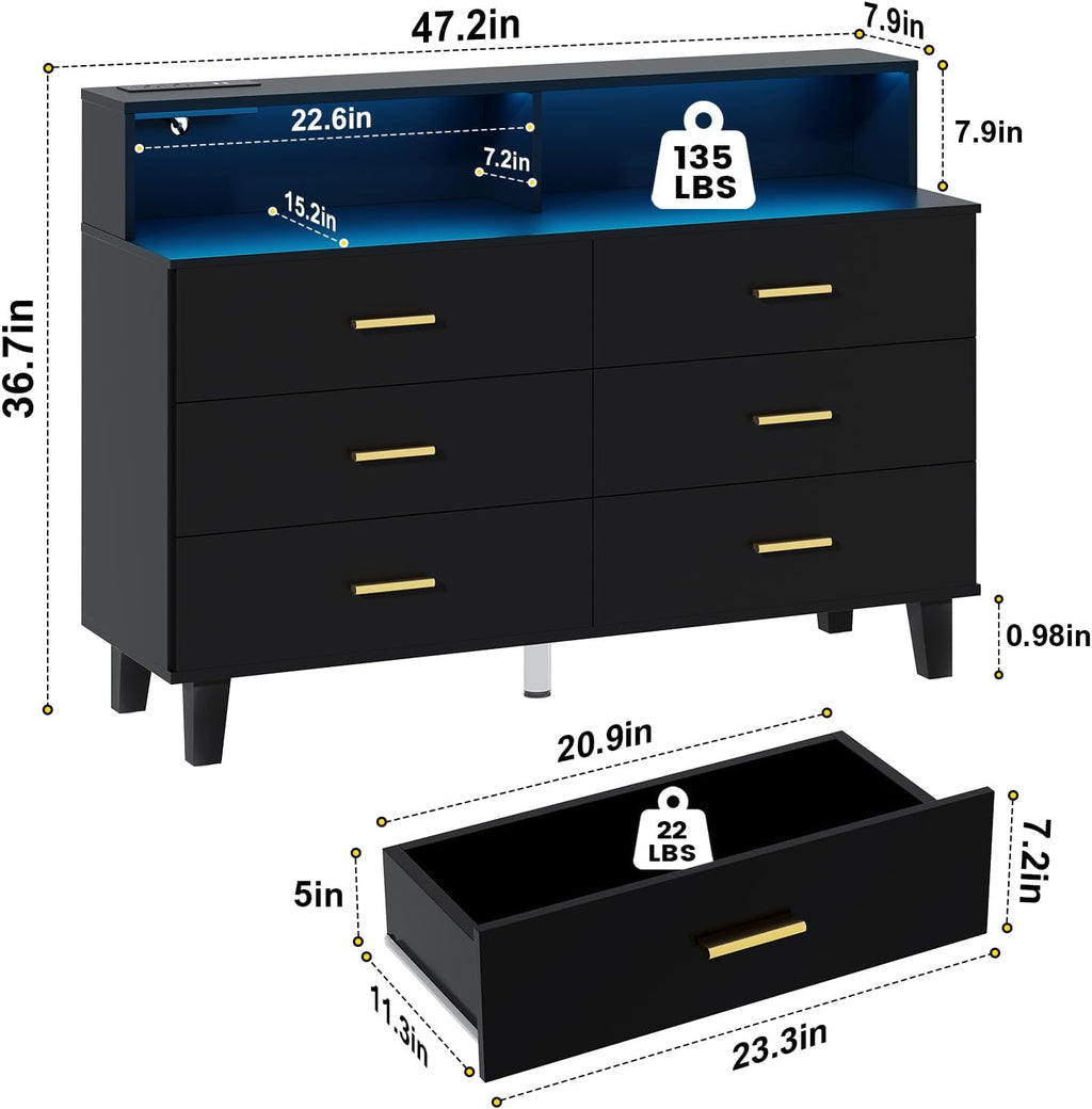knoworld Black Dresser with LED Lights, 6 Drawer Dresser with Power Outlet for Bedroom, Large Wooden Chest of Drawers, Organizer Cabinet for Bedroom,Living Room,Hallway, Entryway