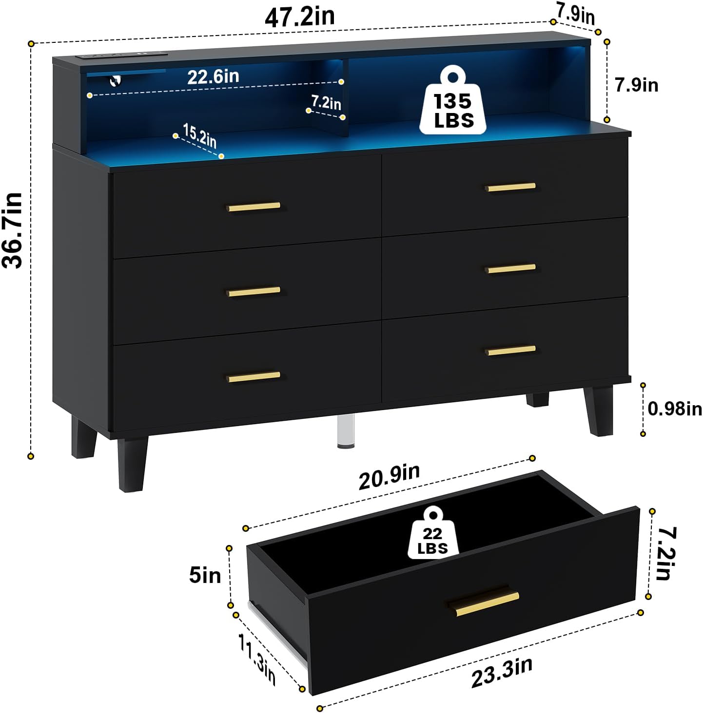 UNIQUITE 6 Drawers Dresser with LED Light and Power Outlet, Wood Black Dressers for Bedroom & Chests of Drawers, Large Double Dressers for Bedroom, Entryway, Hallway