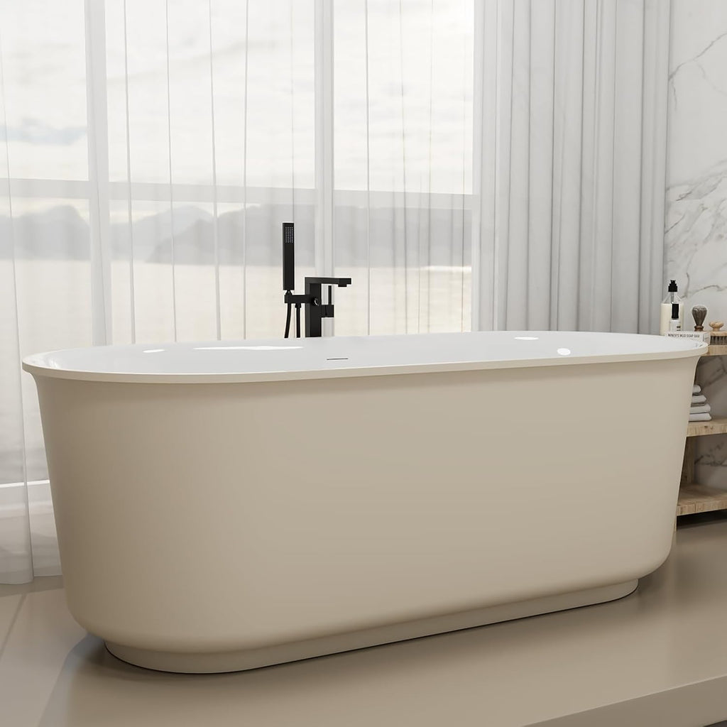 59' Solid Surface Resin Freestanding Bathtub, Double Ended Shape, Modern Deep Stone Resin Soaking Bathtub with Integrated Slotted Overflow, Toe-Tap Chrome Drain, cUPC Certified, Khaki