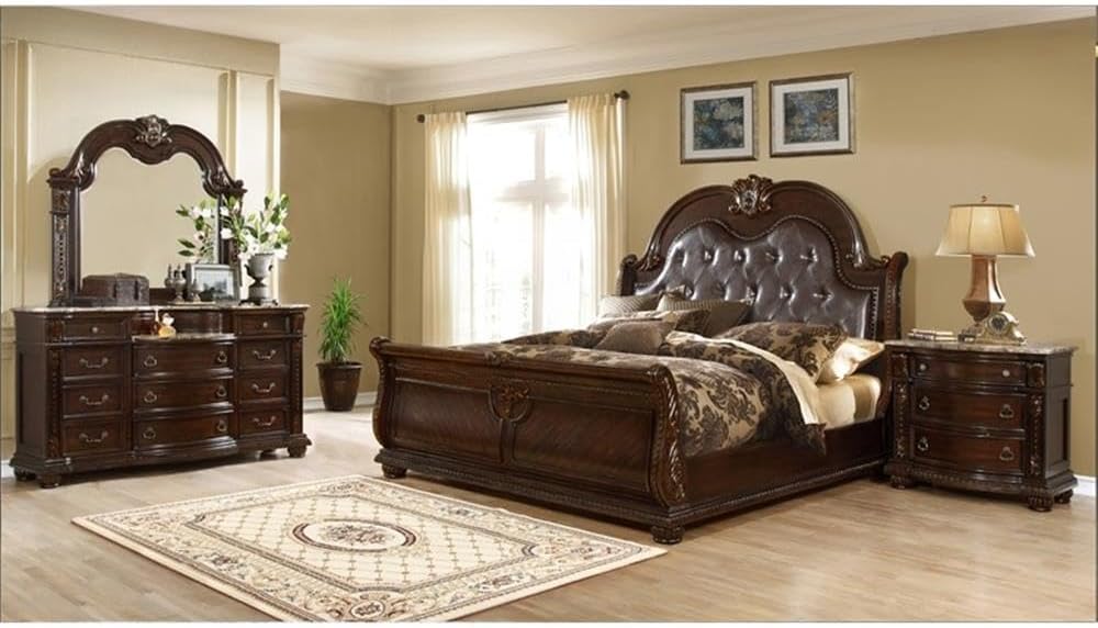 Roma Traditional Style Queen 4 Pc Bedroom Set Made with Wood in Dark Walnut