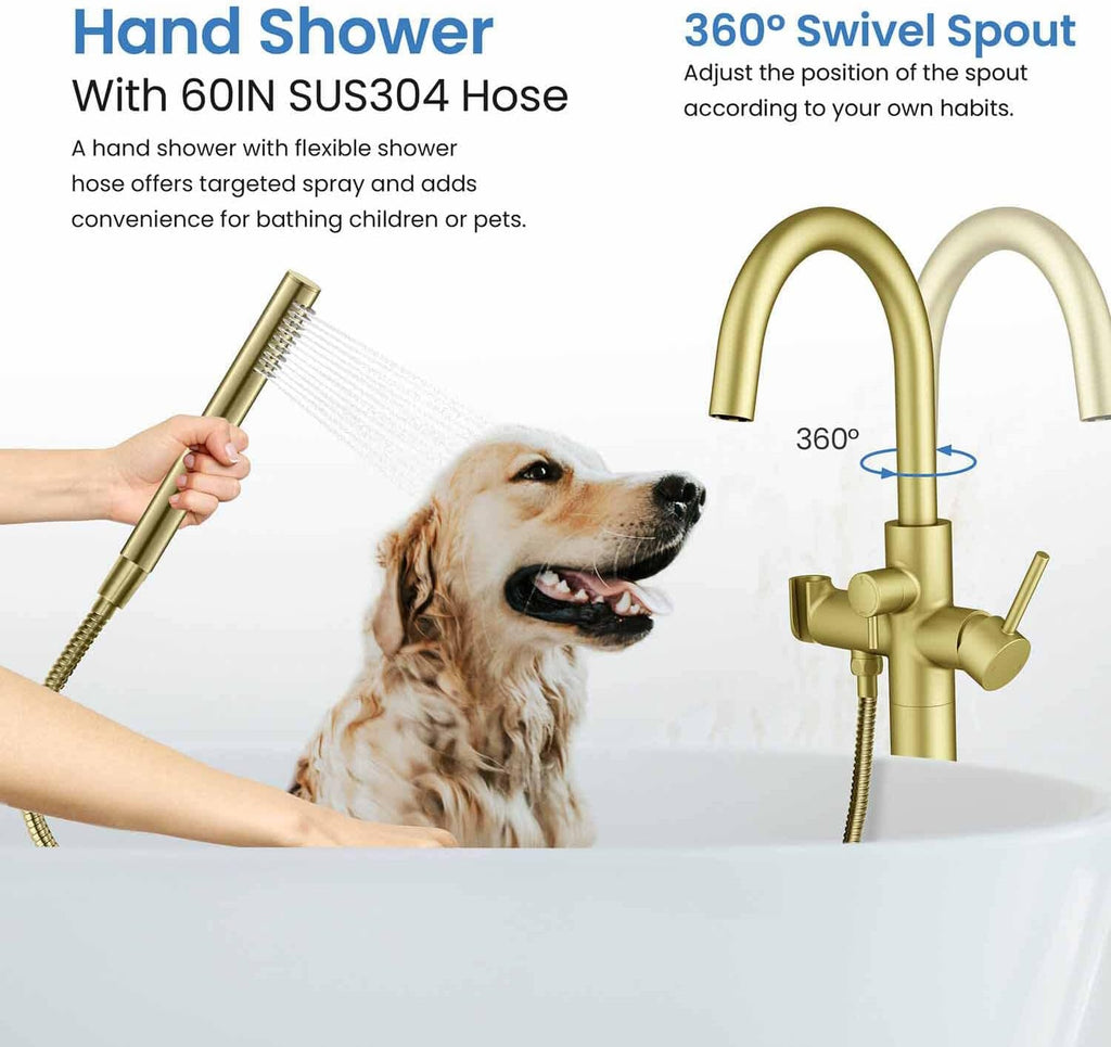 KIBI Circular Floor Mount Bathtub Faucet with Hand Shower | Single Handle Freestanding Tub Filler | Modern Bath Faucet | Brushed Gold Finish | Solid Brass | KTF301