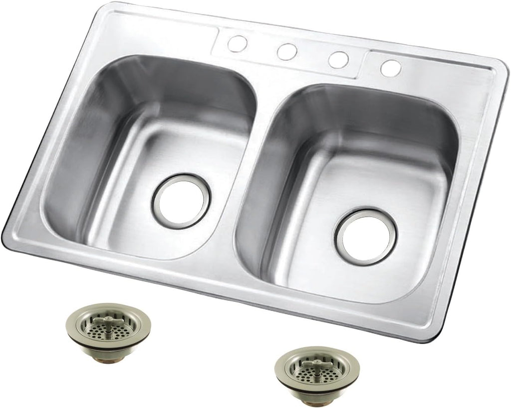 Kingston Brass Studio KGKTD332278 33' Stainless Steel Self-Rimming Double Bowl Drop-In Kitchen Sink with 4-Hole Drain and Strainer, Stainless Steel/Brushed Nickel