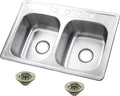 Kingston Brass Studio KGKTD332278 33' Stainless Steel Self-Rimming Double Bowl Drop-In Kitchen Sink with 4-Hole Drain and Strainer, Stainless Steel/Brushed Nickel