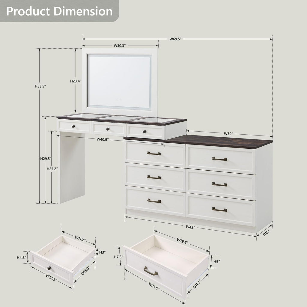 Aitjunz 69' W Big Vanity Desk with Glass Top, Farmhouse Makeup Table with 9 Large Storage Drawers, Rustic Wood Bedroom Dressing Table w/3 Color Available Light & 30' HD Led Mirror, Antique White