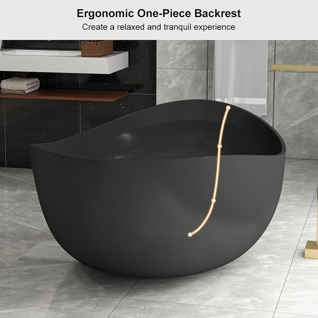 Freestanding 71 Inch Oval Bathtub Stone Resin Soaking Bathtub with Center Drain (Black)