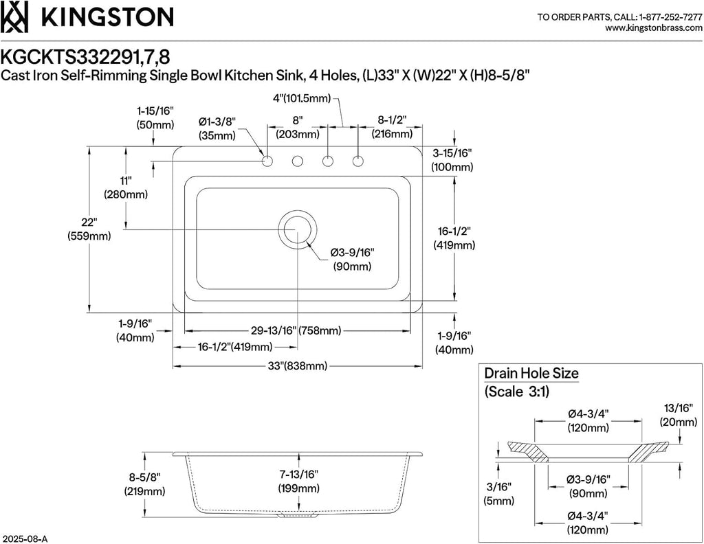 Kingston Brass Towne KGCKTS332291 33' Cast Iron Self-Rimming Single Bowl Drop-In Kitchen Sink with 4-Hole Drain and Strainer, White/Polished Chrome