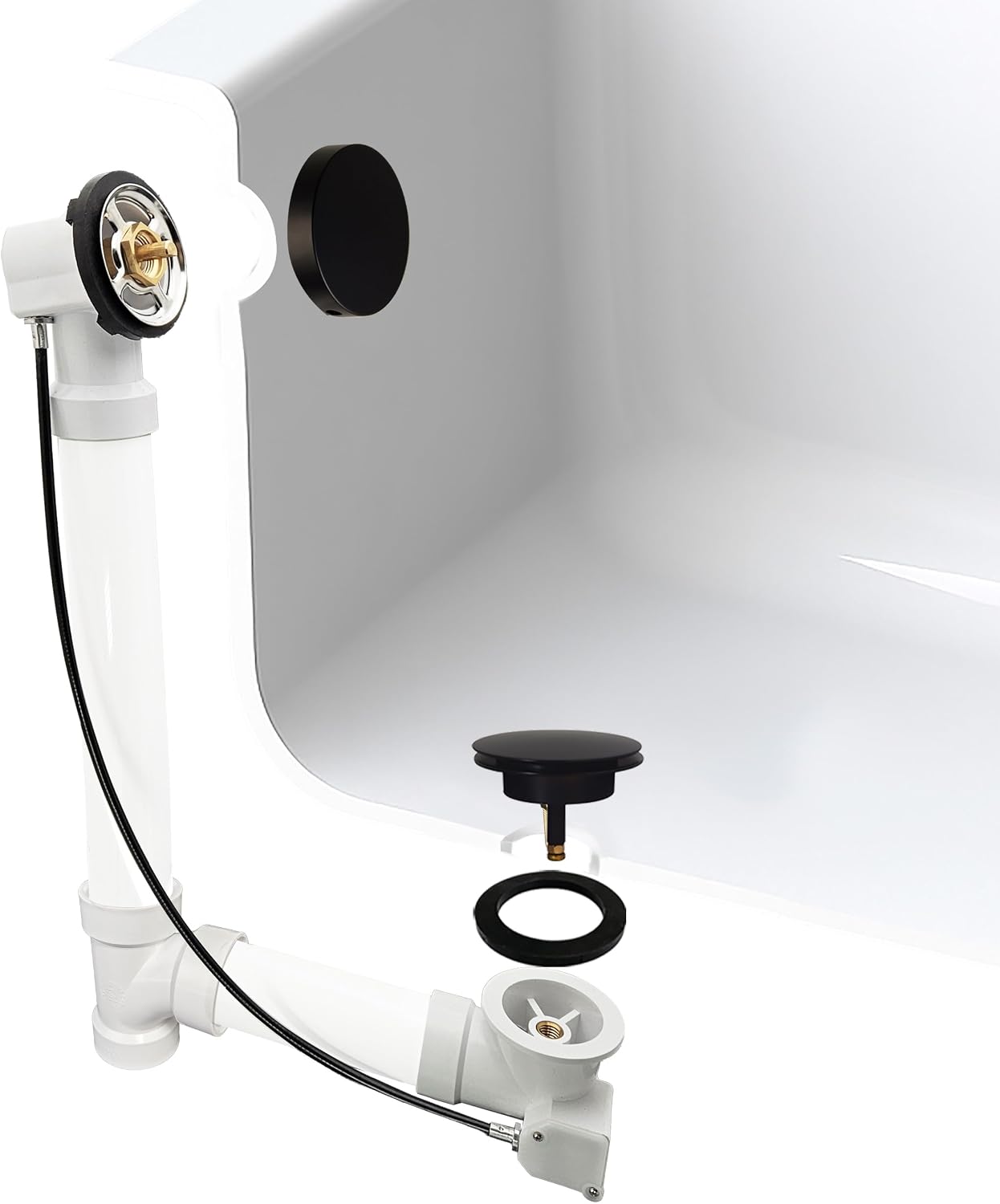 Westbrass D50P35SRE-62 35' Cable Drive Bathtub Drain Trim with Rotary Overflow Cover Knob, Pop-Up Stopper Sch. 40 PVC Fittings, Matte Black