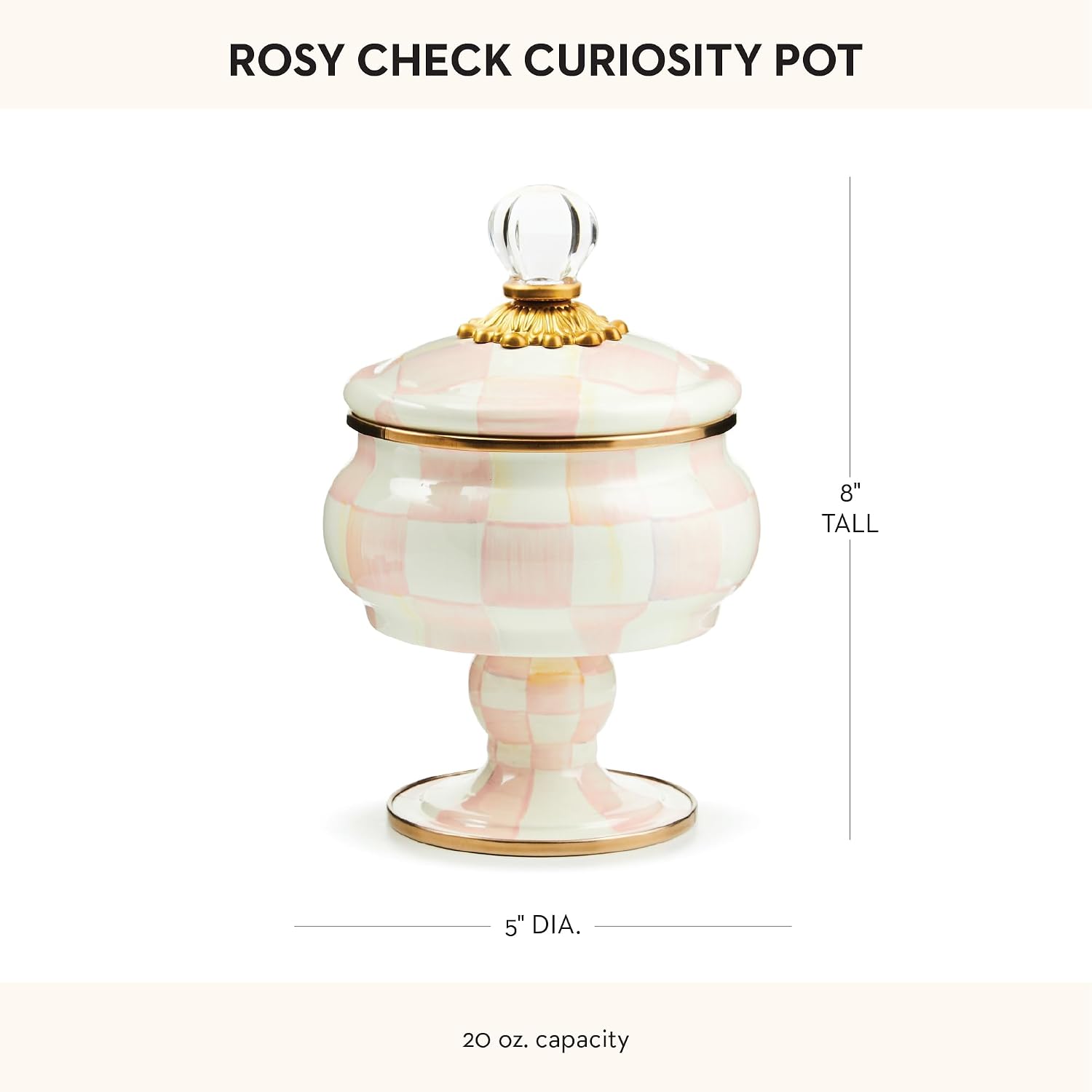 MACKENZIE-CHILDS Enamel Curiosity Pot, Decorative Container for Home Decor, Pink-and-White Rosy Check