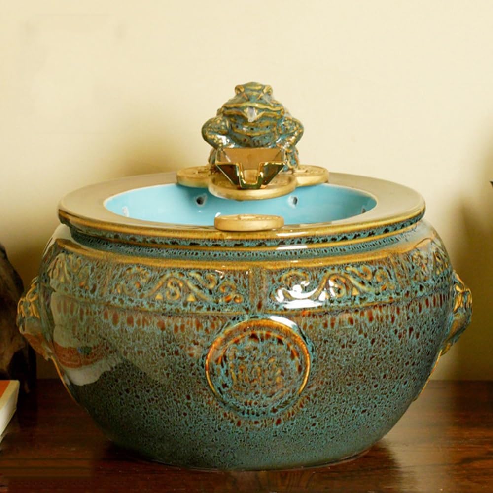 GRFIT Indoor Fountain Relaxing Ceramic Tabletop Fountain with Water Wheel and Lucky Toad Decoration Table Fountain