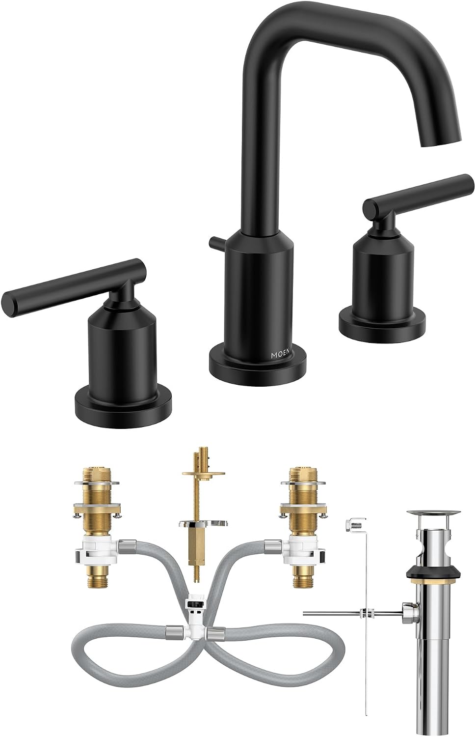 Moen Gibson Two-Handle High Arc Widespread Modern Bathroom Sink Faucet for 3-Hole Setups with Valve Included, Matte Black, TV6142BL