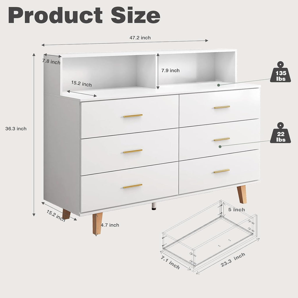 UNIQUITE 6 Drawers Dresser with LED Light and Power Outlet, Wood White Dressers for Bedroom & Chests of Drawers, Large Double Dressers for Bedroom, Entryway, Hallway