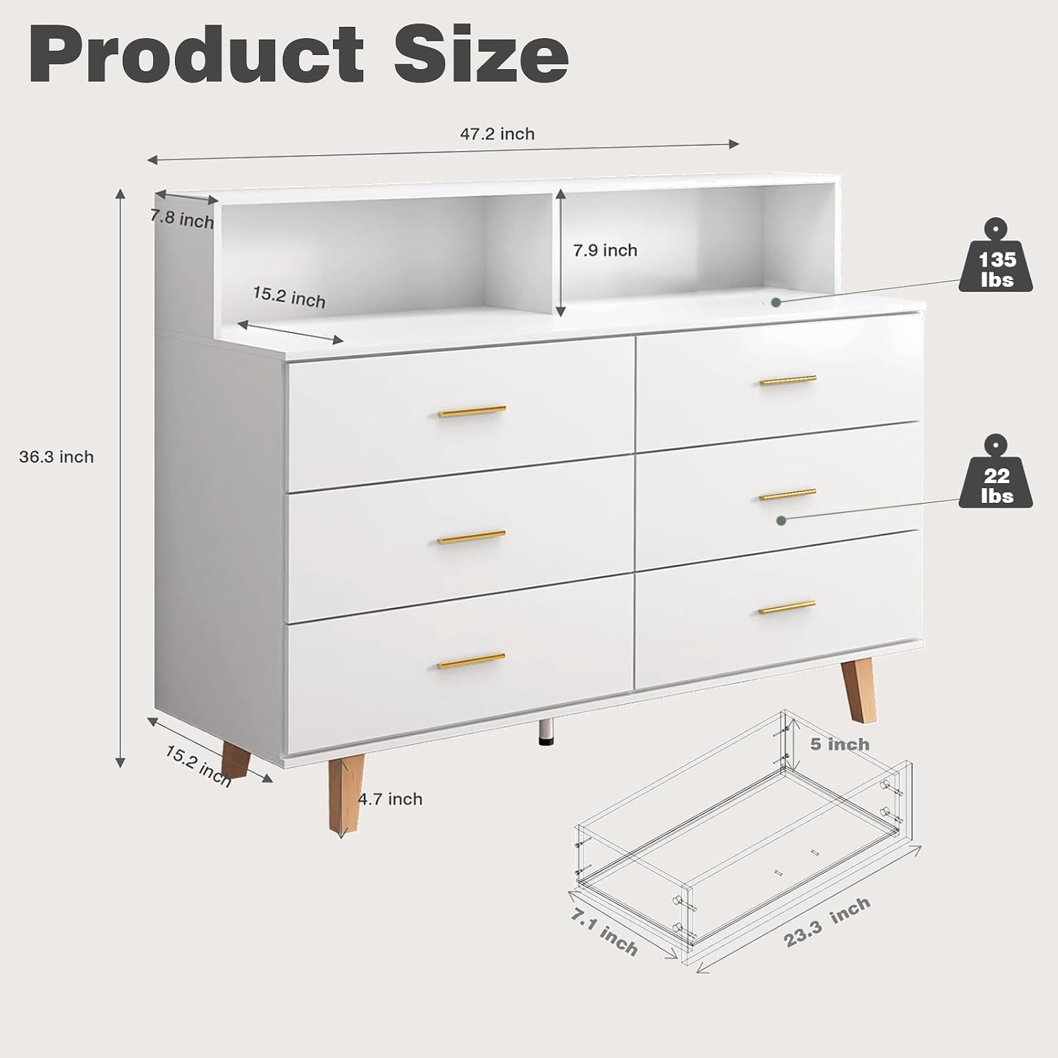 UNIQUITE 6 Drawers Dresser with LED Light and Power Outlet, Wood White Dressers for Bedroom & Chests of Drawers, Large Double Dressers for Bedroom, Entryway, Hallway