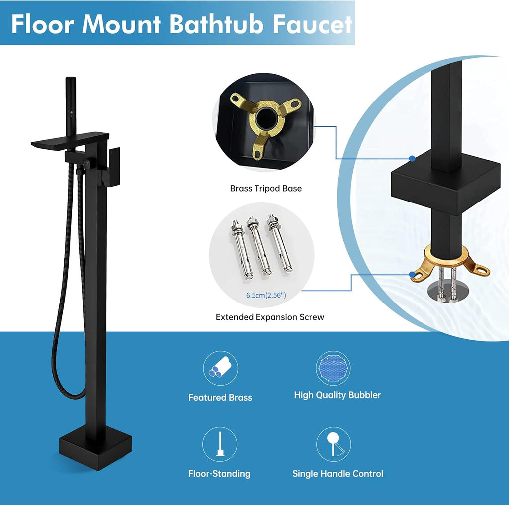 RUMOSE Matte Black Bathtub Filler Freestanding Tub Filler Floor Mount Tub Faucet Waterfall Free Standing Bathtub Faucet High Flow Brass Bath Shower Faucets with Handheld Sprayer