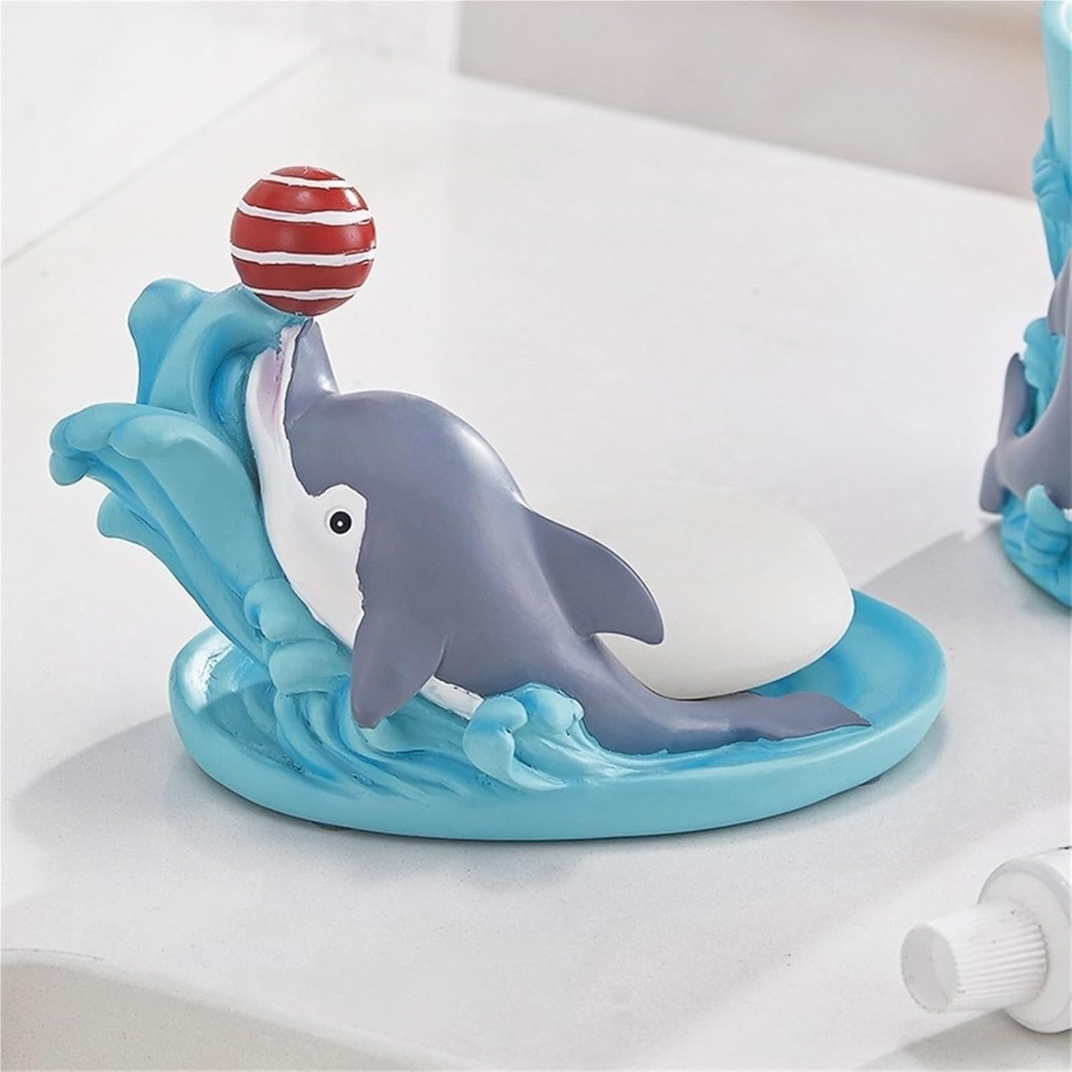 Bathroom Accessories Set, 5-Piece Blue Dolphin Soap Dispenser, Toothbrush Holder, Soap Dish, 2 Tumblers Bath Set