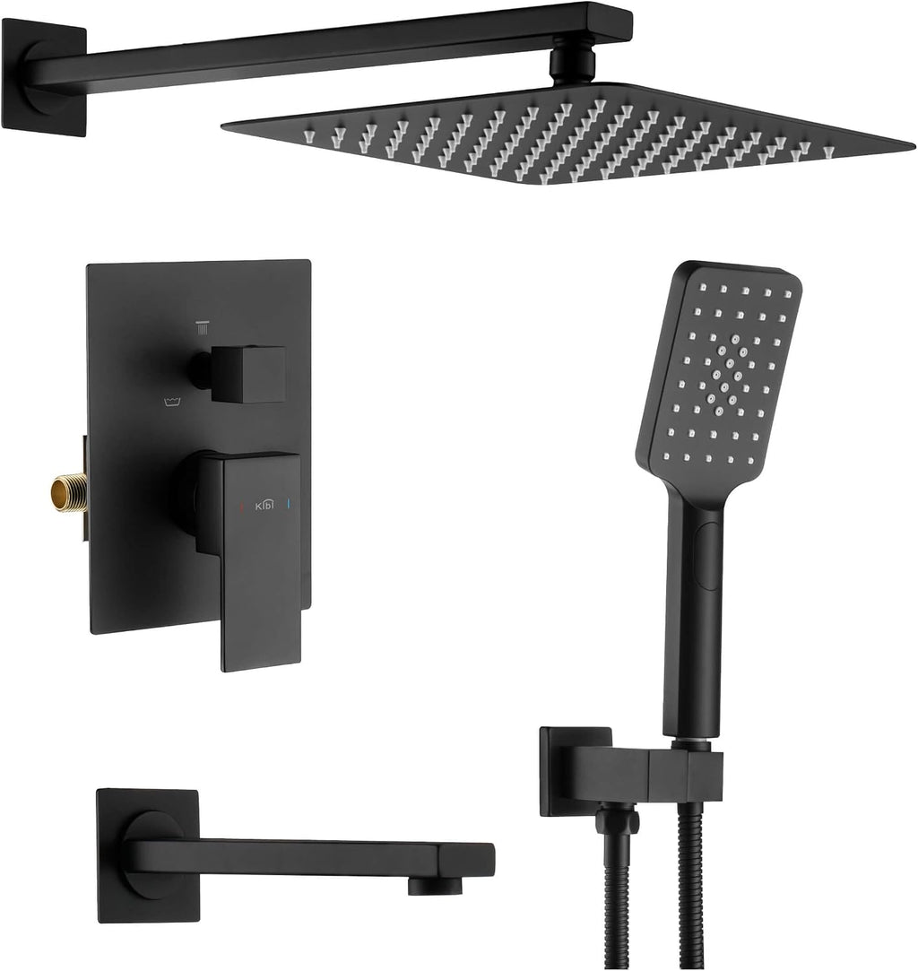 KIBI Cube 3-Function Matte Black Wall Mounted Bathroom Shower System | Solid Brass Pressure Balanced Valve Bath Faucet Set | 15-inch Shower Arm | Handheld Waterfall Shower Mode (KSF406MB)