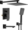 KIBI Cube 3-Function Matte Black Wall Mounted Bathroom Shower System | Solid Brass Pressure Balanced Valve Bath Faucet Set | 15-inch Shower Arm | Handheld Waterfall Shower Mode (KSF406MB)