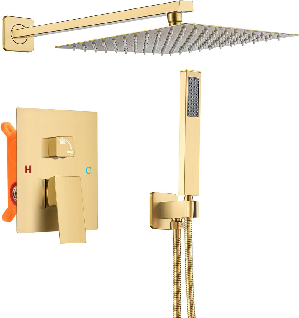 Bathroom Shower Faucet Set，12 Inch Rain Shower Head with Handheld Spray，Brass Shower Valve Trim Kit，Wall Mounted Square Rain Shower System (Brushed Gold)