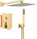 Bathroom Shower Faucet Set，12 Inch Rain Shower Head with Handheld Spray，Brass Shower Valve Trim Kit，Wall Mounted Square Rain Shower System (Brushed Gold)