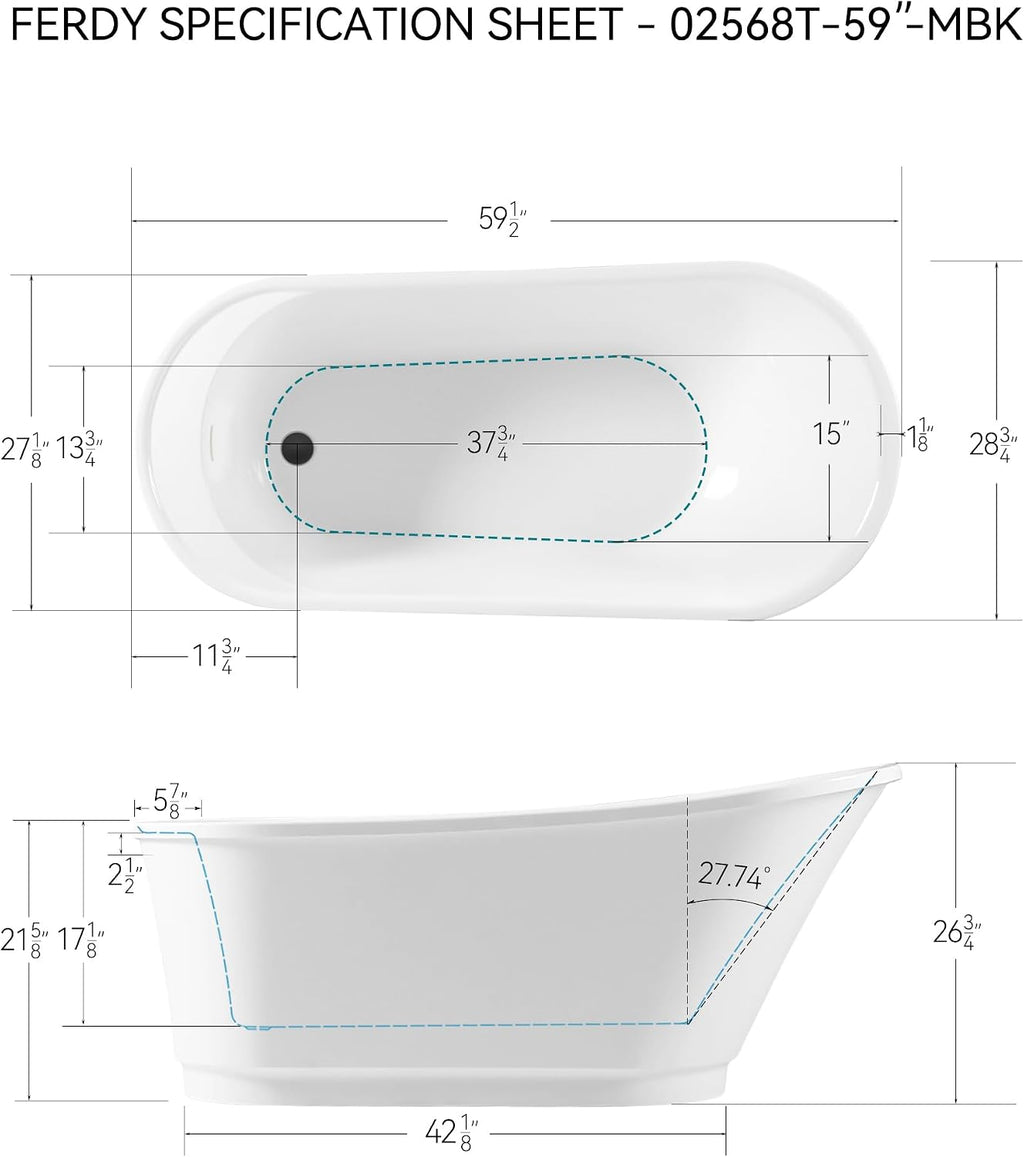FerdY Langkawi 59' Acrylic Freestanding Bathtub, White Modern Stand Alone Soaking Bathtub, cUPC Certified, Matte Black Drain and Minimalist Linear Design Overflow Included, Easy to Install