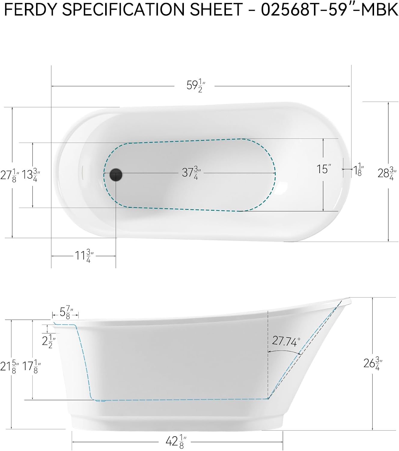 FerdY Langkawi 59' Acrylic Freestanding Bathtub, White Modern Stand Alone Soaking Bathtub, cUPC Certified, Matte Black Drain and Minimalist Linear Design Overflow Included, Easy to Install