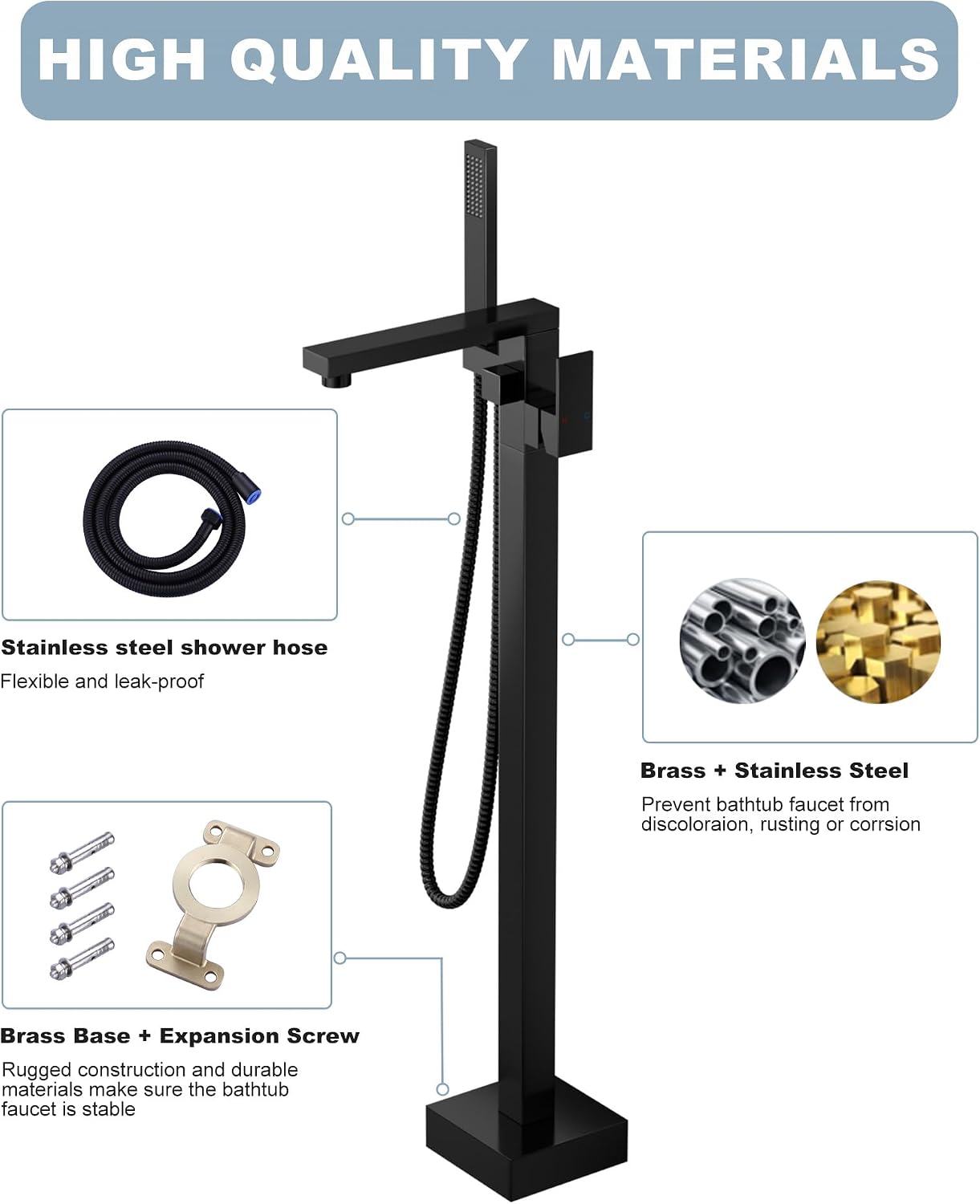 Free Standing Tub Faucet Matte Black,Freestanding Bathtub Faucet For Luxury Bathtub,High Flow Tub Filler,Swivel Spout Brass Construction with Handheld Shower