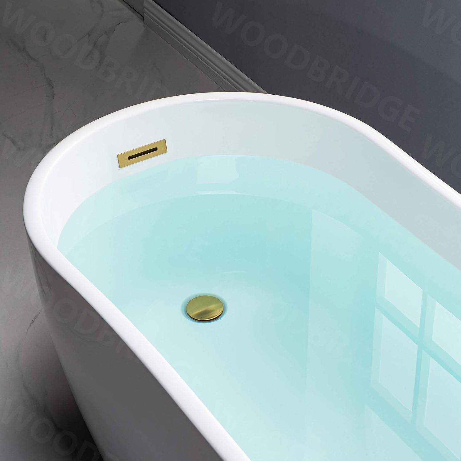 WOODBRIDGE 59' Acrylic Freestanding Bathtub Contemporary Soaking White Tub with Brushed Gold Overflow and Drain， B1530 -BG-Drain &O