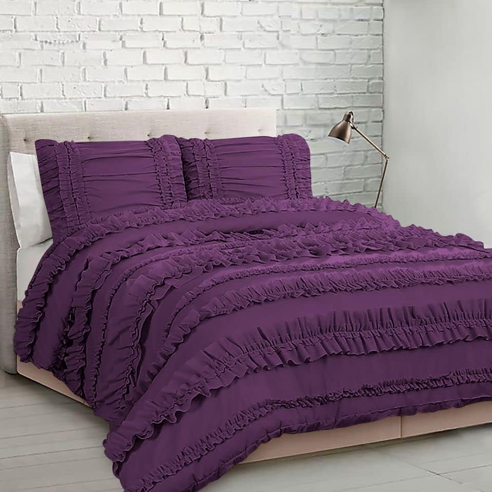 1 Piece Full Ruffles Layers Duvet Cover with Zipper Closure, 100% Egyptian Cotton, 1000 Thread Cotton - Oversized Super King Size - Plum Solid
