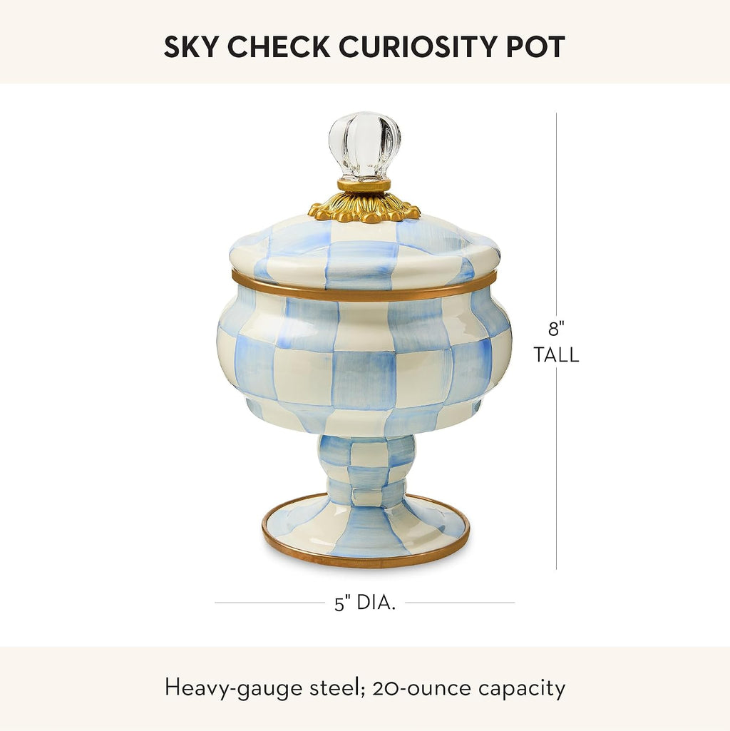 MACKENZIE-CHILDS Enamel Curiosity Pot, Decorative Container for Home Decor, Light-Blue-and-White Sky Check