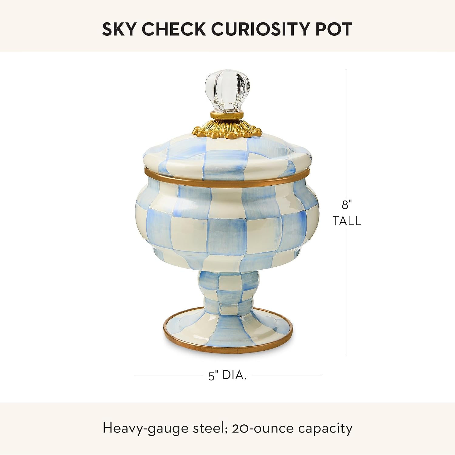 MACKENZIE-CHILDS Enamel Curiosity Pot, Decorative Container for Home Decor, Light-Blue-and-White Sky Check