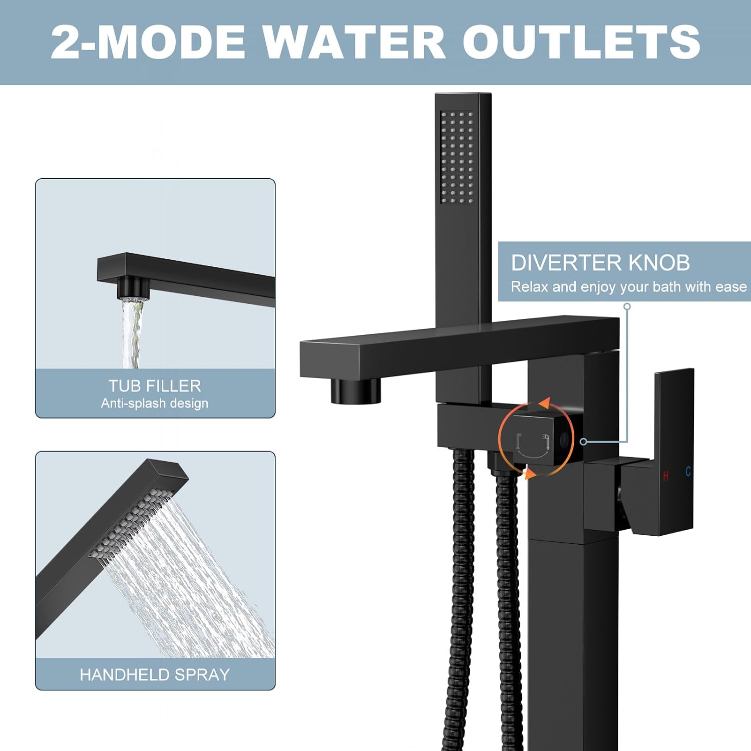 Free Standing Tub Faucet Matte Black,Freestanding Bathtub Faucet For Luxury Bathtub,High Flow Tub Filler,Swivel Spout Brass Construction with Handheld Shower