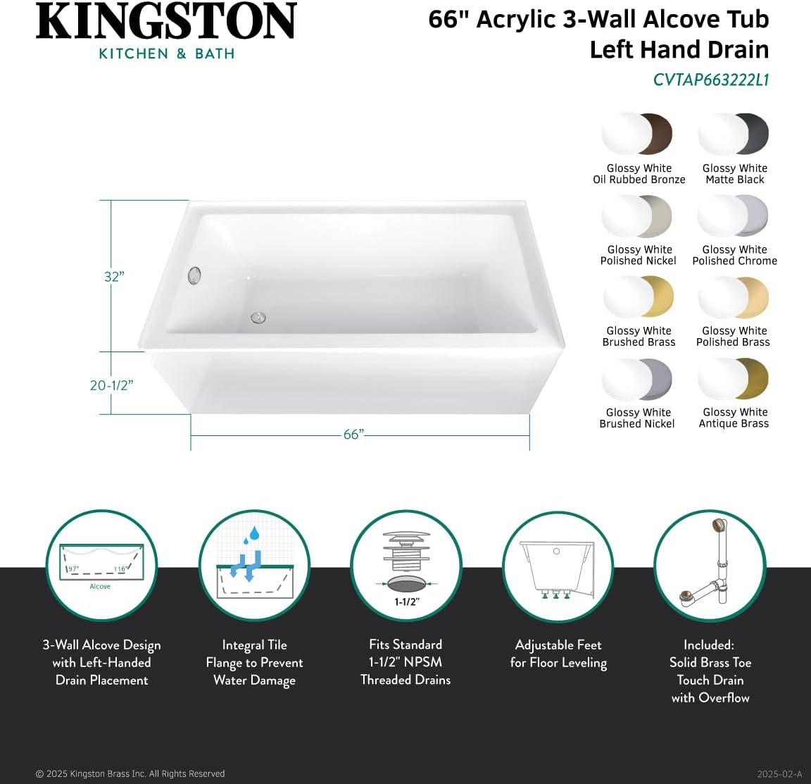 Aqua Eden CVTAP663222L7 66' Acrylic Rectangular 3-Wall Alcove Tub, Left Hand Drain, Glossy White/Brushed Brass