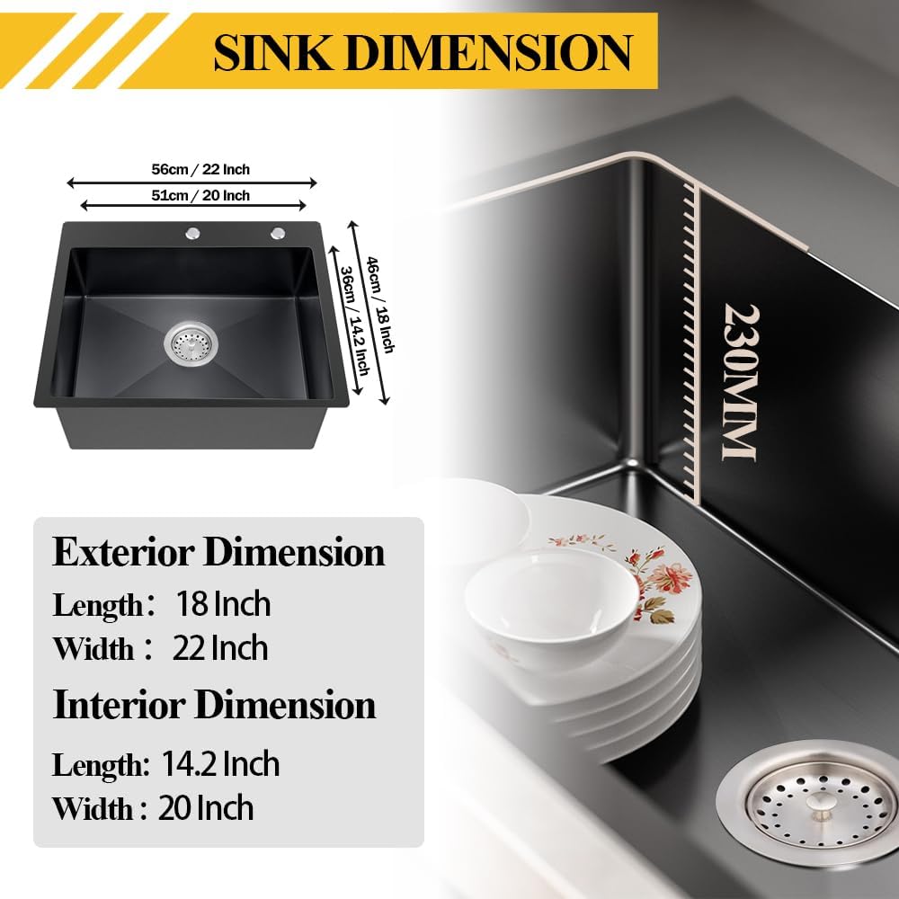Black 22x18 Inch Kitchen And Bar Sink-Stainless Steel Drop In Single Bowl Topmount Kitchen&Bar Sink Combo-Sink Grid,Soap Dispenser,Drain Basket,Strainer Mesh,Drain Strainer Set for Modern Kitchen Sink