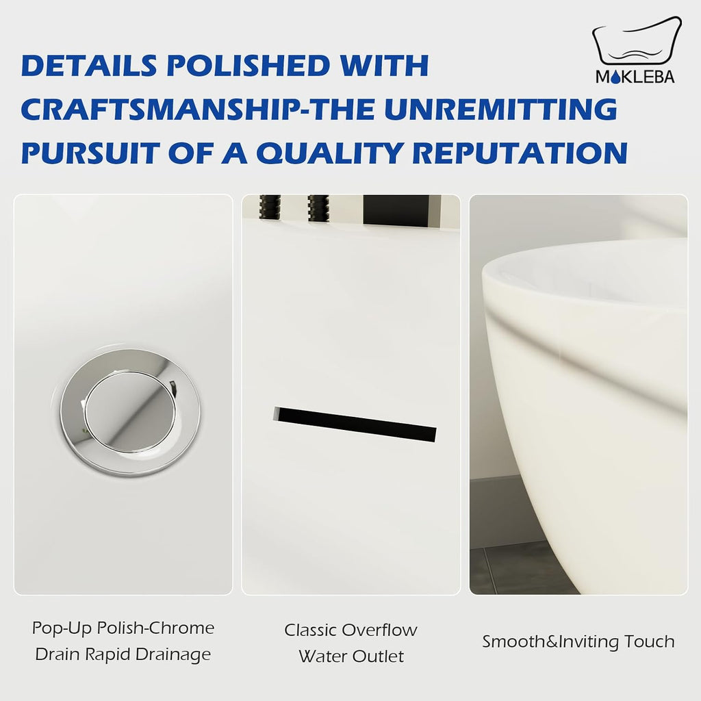 67' Acrylic Freestanding Bathtub, Elegant Oval Free Standing Tub, Soaking Tub with Integrated Slotted Overflow, Toe-Tap Chrome Drain, cUPC Certified, Glossy White