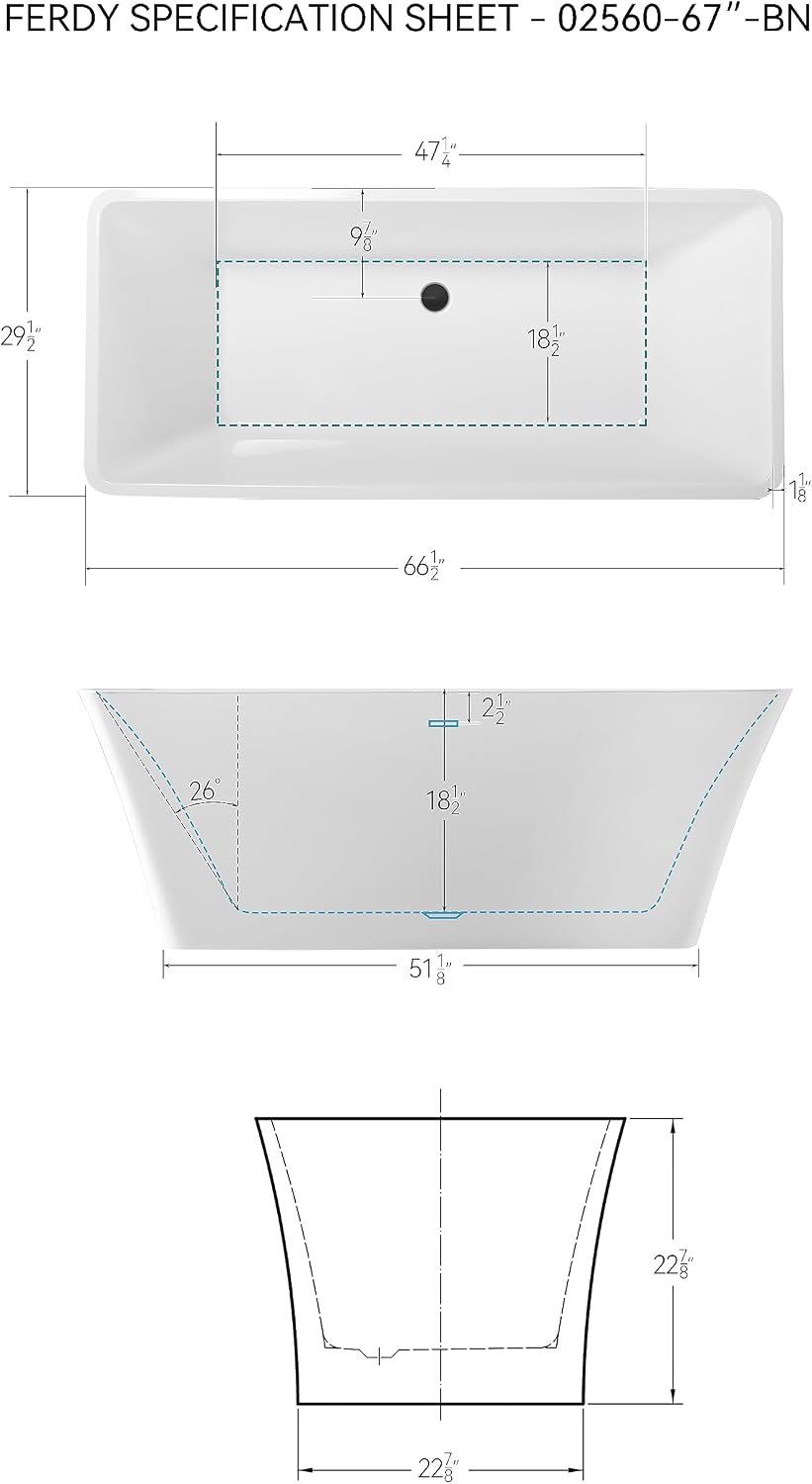 FerdY Sentosa 67' Acrylic Freestanding Bathtub, Contemporary Design Soaking Tub with Matte Black Drain and Matte Black Overflow, Easy to Install