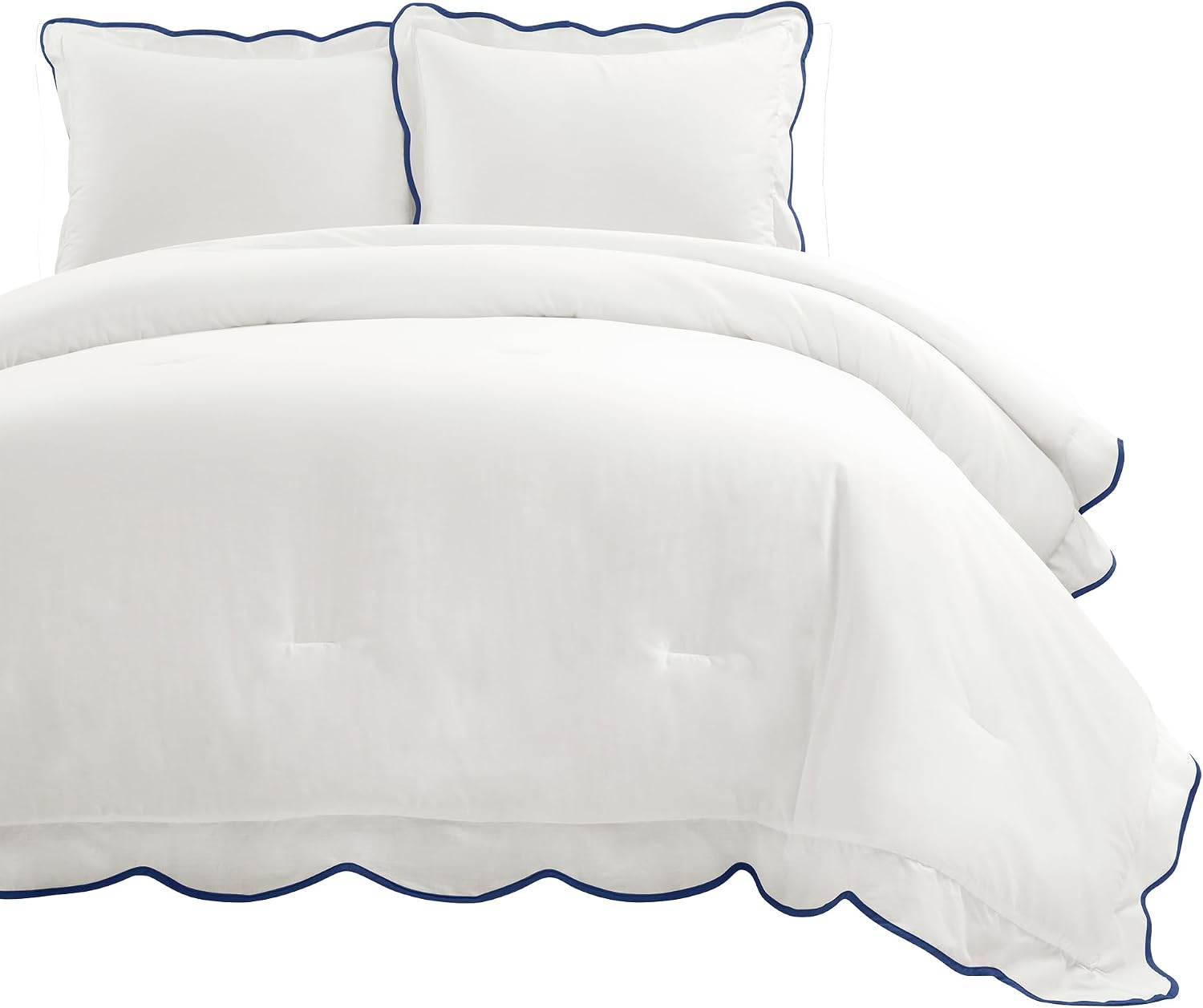 Lush Decor Coastal Chic Scalloped Edge Comforter Set, 3 Piece Set Full/Queen, Navy & White - Queen Bedding Set - White Comforter - Coastal Decor
