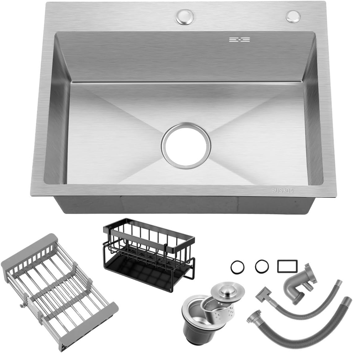 27 inch Kitchen Sink Drop in Stainless Steel Top Mount Sink with Brushed Finish, Single Bowl Workstation Sink with Basket Strainer and Kitchen Sink Caddy Organizer 26.8'D x 17.7'W x 8.3'H