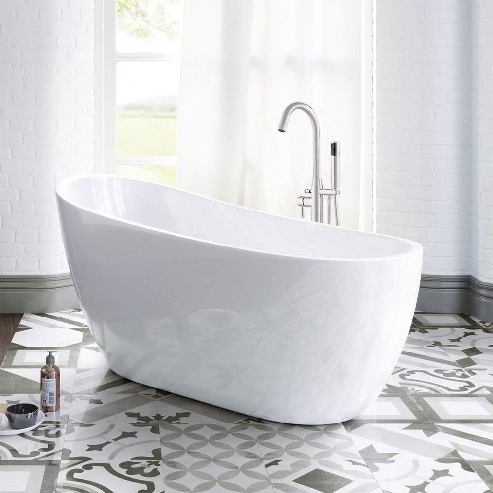 WOODBRIDGE Acrylic Freestanding Bathtub Contemporary Soaking Tub with Brushed Nickel Overflow and Drain B-0006-B/N-Drain &O, 54' B-0006
