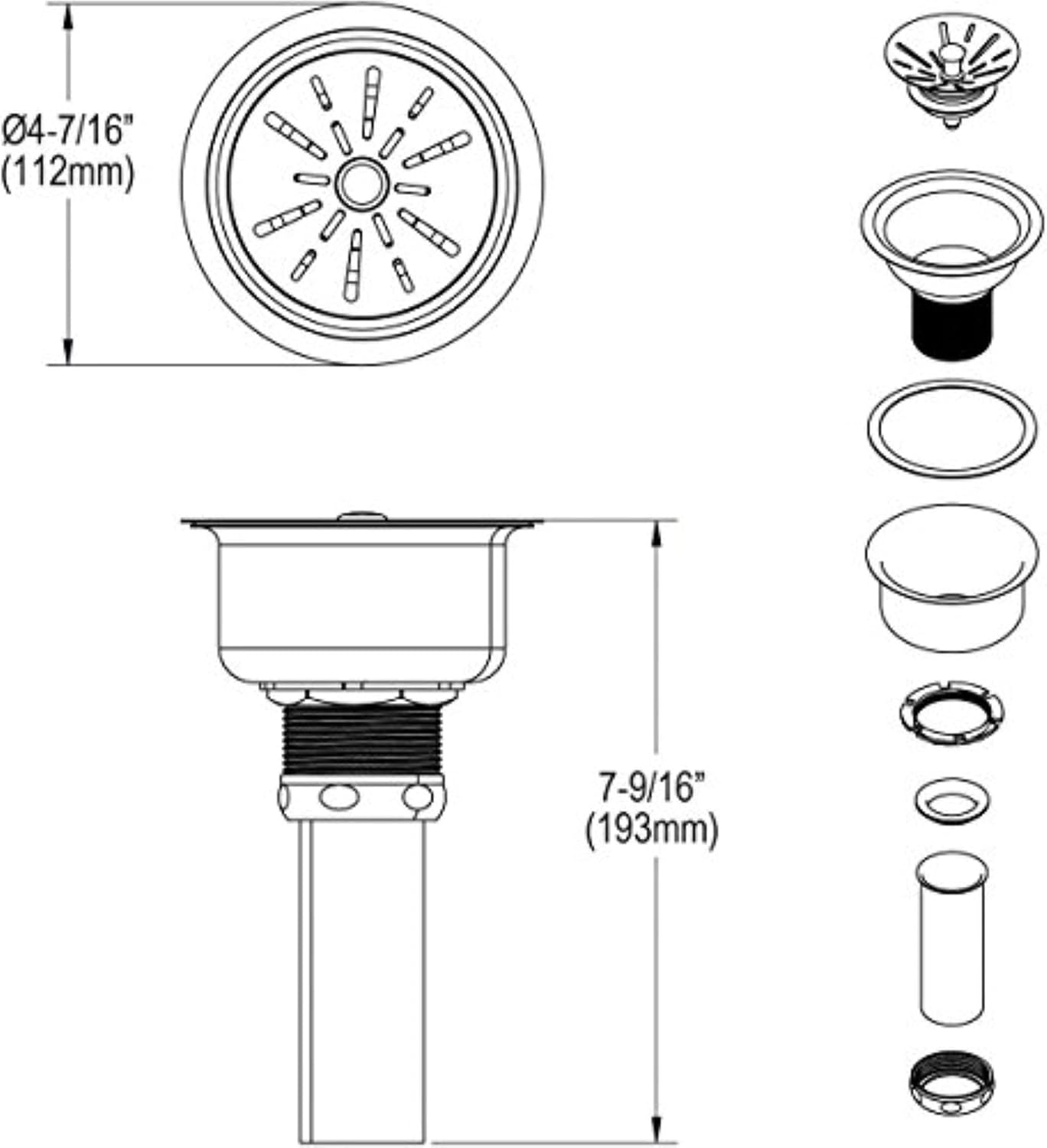 Elkay LK99 3-1/2' Deluxe Drain with Type 304 Stainless Steel Body, Strainer Basket, Rubber Seal, and Tailpiece