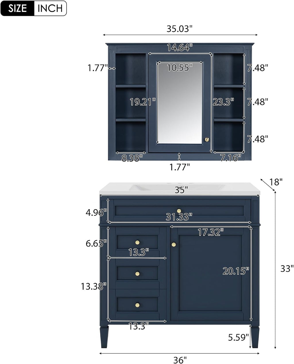 Merax 36'' Bathroom Vanity with Medicine Cabinet, Royal Blue Mirror Cabinet, Modern Bathroom Storage Cabinet with 2 Soft Closing Doors and 4 Drawers, Blue