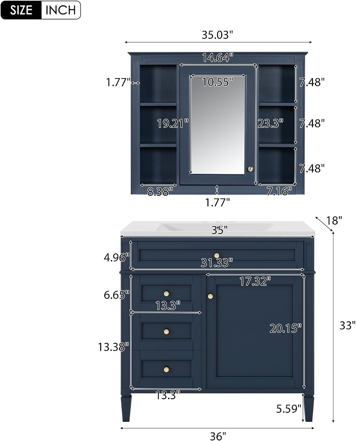 Merax 36'' Bathroom Vanity with Medicine Cabinet, Royal Blue Mirror Cabinet, Modern Bathroom Storage Cabinet with 2 Soft Closing Doors and 4 Drawers, Blue