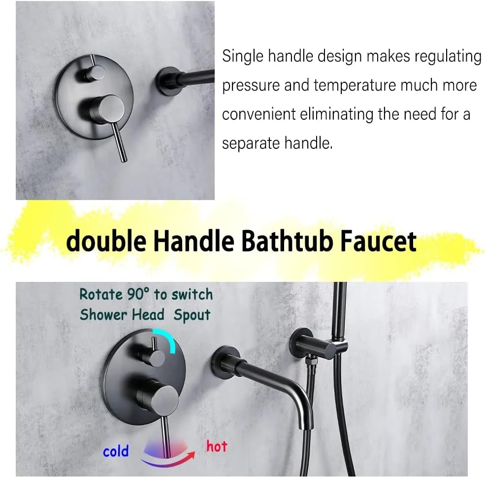 Bathtub Shower Faucet Set, Bath Mixer Taps with Shower Waterfall, Brass Shower Head Hand Sprayer 2 Ways Hot and Cold Mixing Tap Bathroom Sink Taps Shower Set, Grey