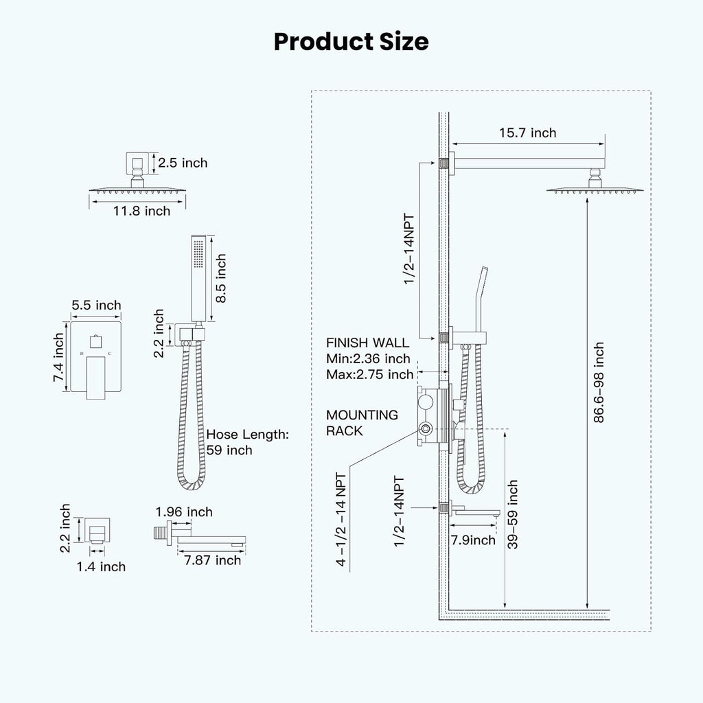 gotonovo Rainfall Tub Shower Faucet Set Bathroom Shower System with Tub Spout Wall Mount Square High Pressure Shower Fixtures with Handheld Sprayer Rough-In Valve 12'' Shower Head,Matte Black