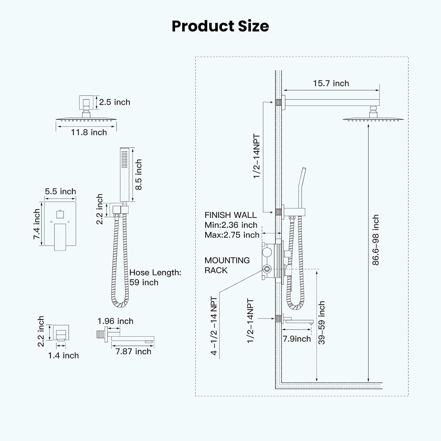 gotonovo Rainfall Tub Shower Faucet Set Bathroom Shower System with Tub Spout Wall Mount Square High Pressure Shower Fixtures with Handheld Sprayer Rough-In Valve 12'' Shower Head,Matte Black