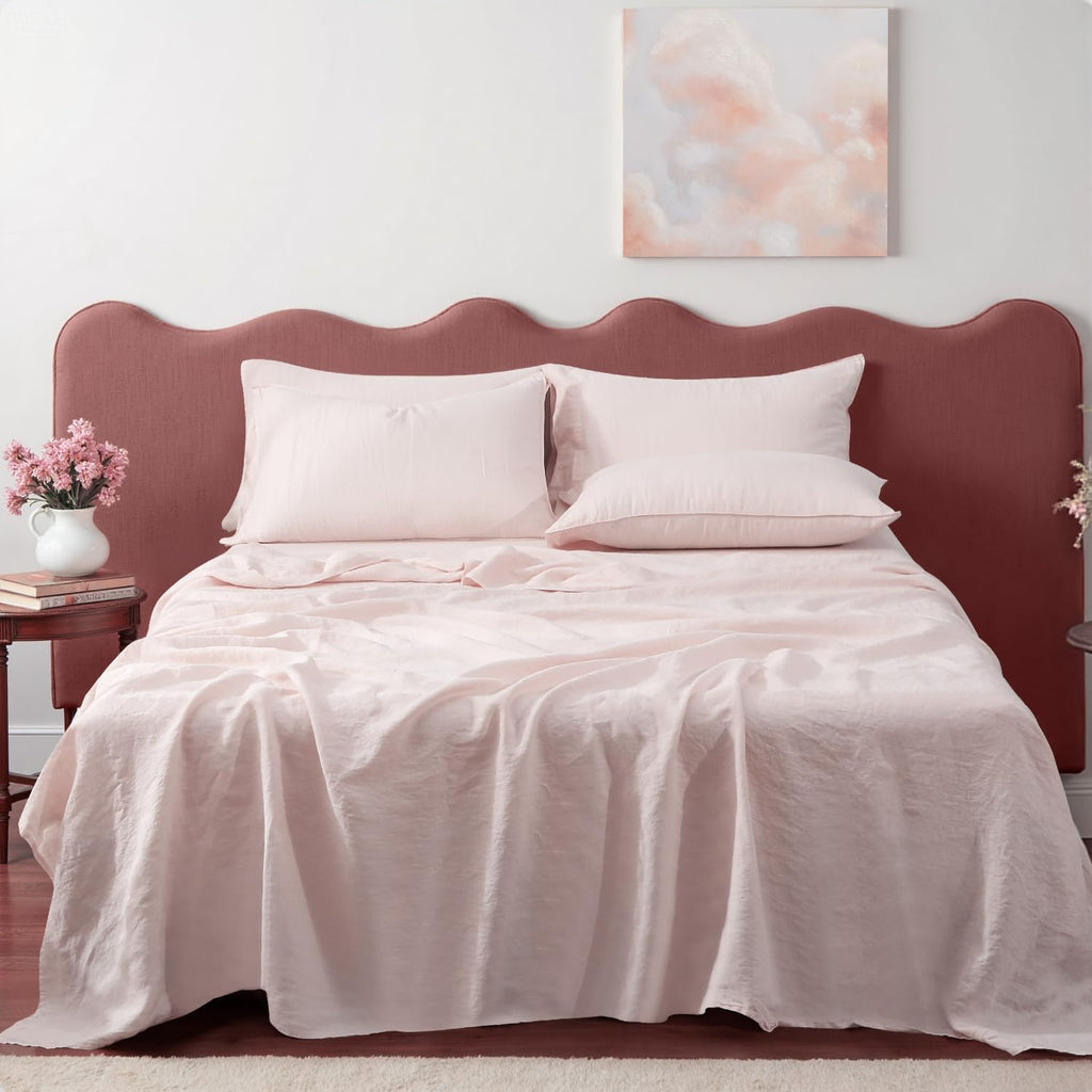 S VICTORY SYMBOL 100% Organic Linen Sheets Set Queen Size,Washed French Flax Bed Sheets 4 Pieces(2 Pillowcases,1 Fitted Sheet,1 Flat Sheet) Pale Pink,Natural Linen Bedding