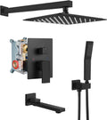 gotonovo Rainfall Tub Shower Faucet Set Bathroom Shower System with Tub Spout Wall Mount Square High Pressure Shower Fixtures with Handheld Sprayer Rough-In Valve 12'' Shower Head,Matte Black