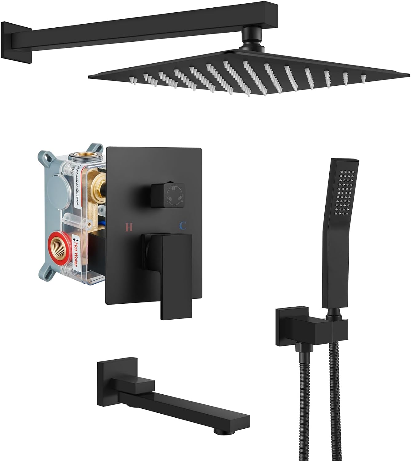 gotonovo Rainfall Tub Shower Faucet Set Bathroom Shower System with Tub Spout Wall Mount Square High Pressure Shower Fixtures with Handheld Sprayer Rough-In Valve 12'' Shower Head,Matte Black