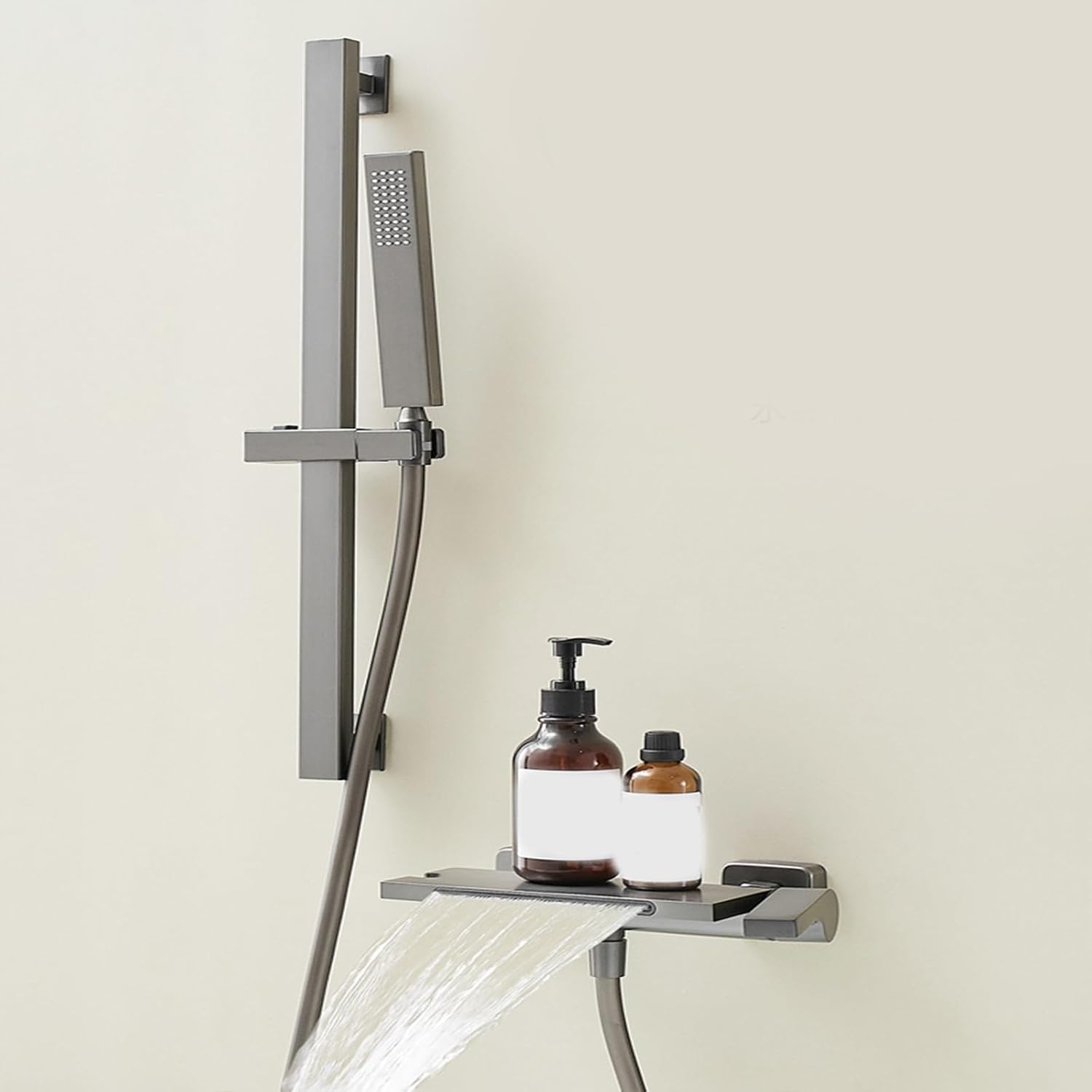 Easy Shower Set, Bathroom Shower Set, Utility Shower Set with Large Shelf, Waterfall Drain, Brass Body, Booster Shower Head, Silicone Spout, Suitable for Bathroom, Hotel, Gym, Pet Shop ( Color : Brush