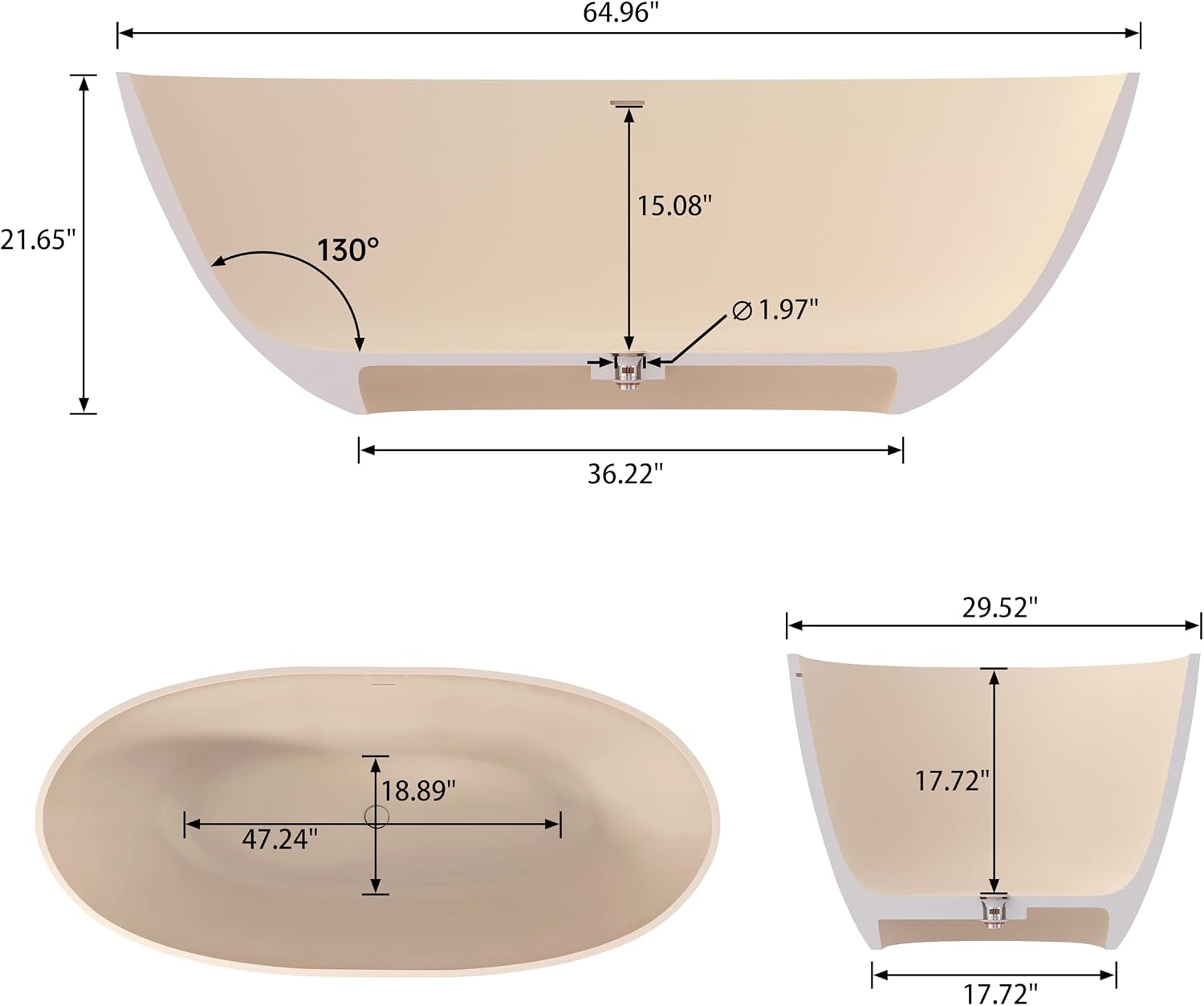 SJ STAR&JANE 65' Solid Surface Freestanding Bathtub, Oval Soaking Tub with Overflow and Pop-up Drain for Bathroom Cream