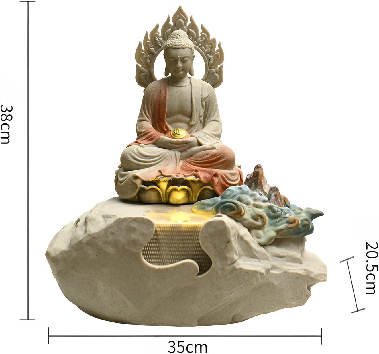 Zen Buddha Tabletop Fountain with LED Lights & Crystal Accents – Indoor Meditation Waterfall Feature with Cascading Water for Home, Office, Living Room or Bedroom – Free 10 Free Crystals (Style 1)